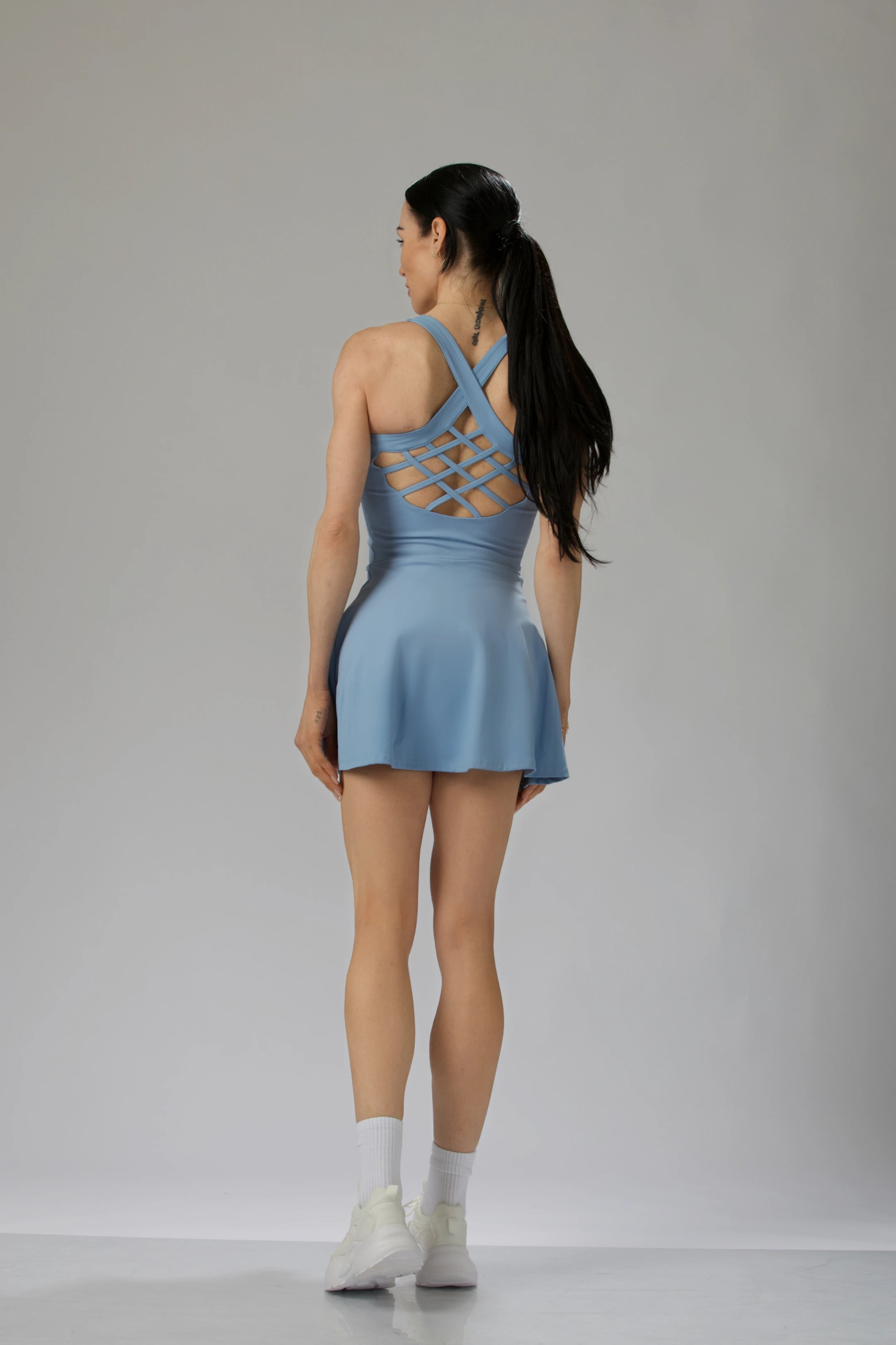light blue athletic dress Lattice-Back Athletic Mini Dress with Built-In Shorts & Support – Reaux