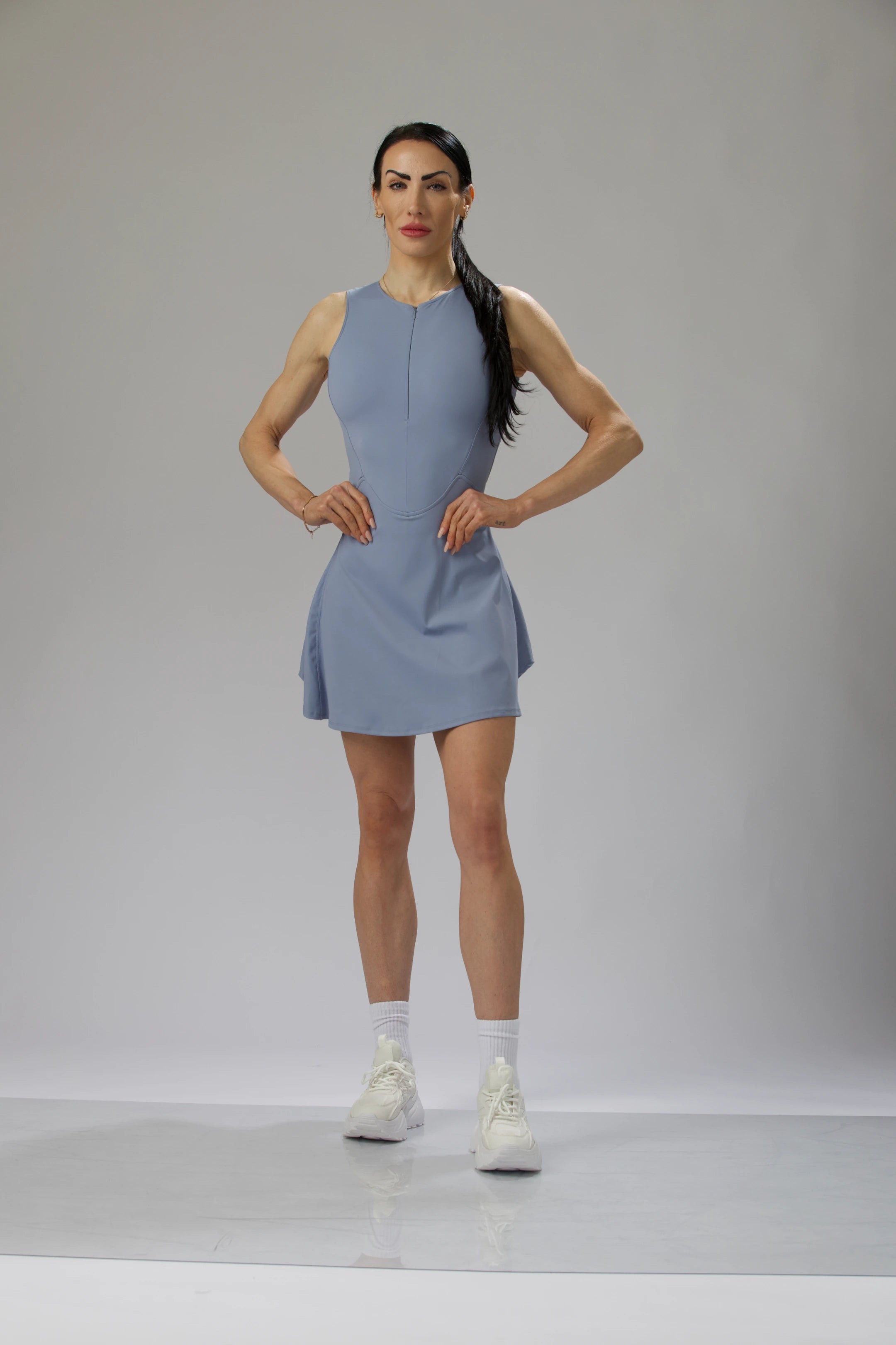 Performance Mesh Back Zip Dress with Built-In Shorts & Pockets
